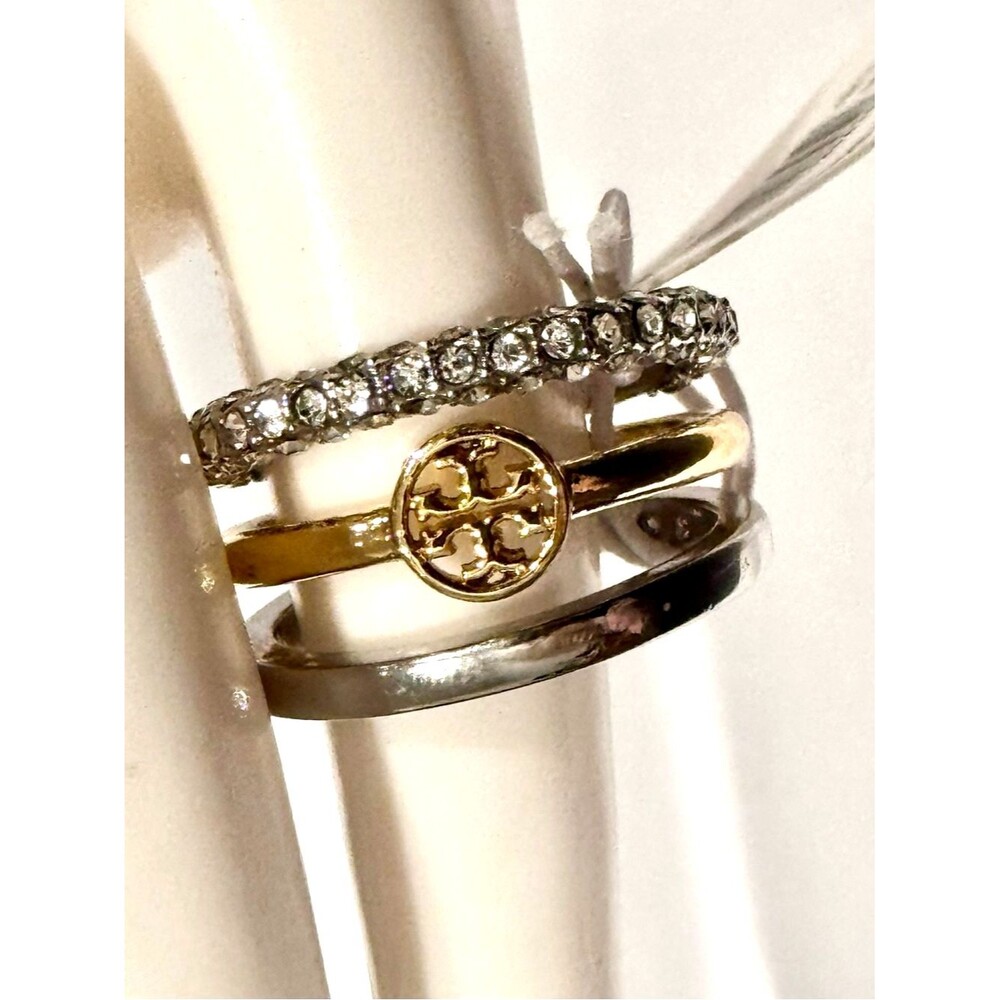 NWT Tory Burch Icon Pavé Stacking Ring Size 8 Mixed Metal Band 3-in-1